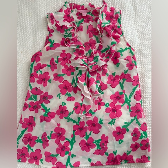 Lilly Pulitzer Tops - Lilly Pulitzer Pink & Green Floral Ruffle Blouse